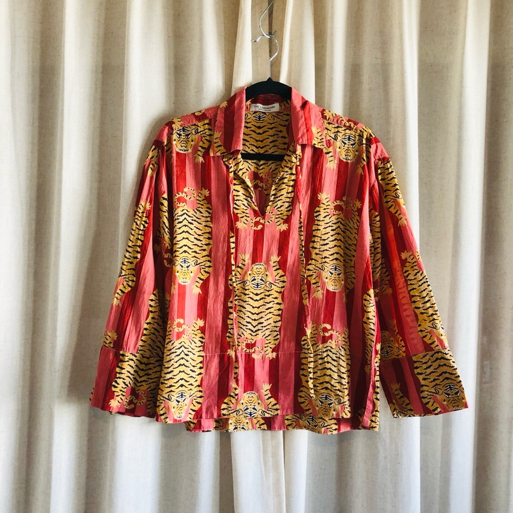 Red Tiger-Print Button Front Blouse